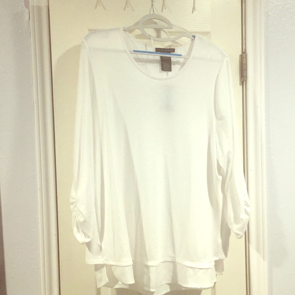 White sweater with ruched sleeves